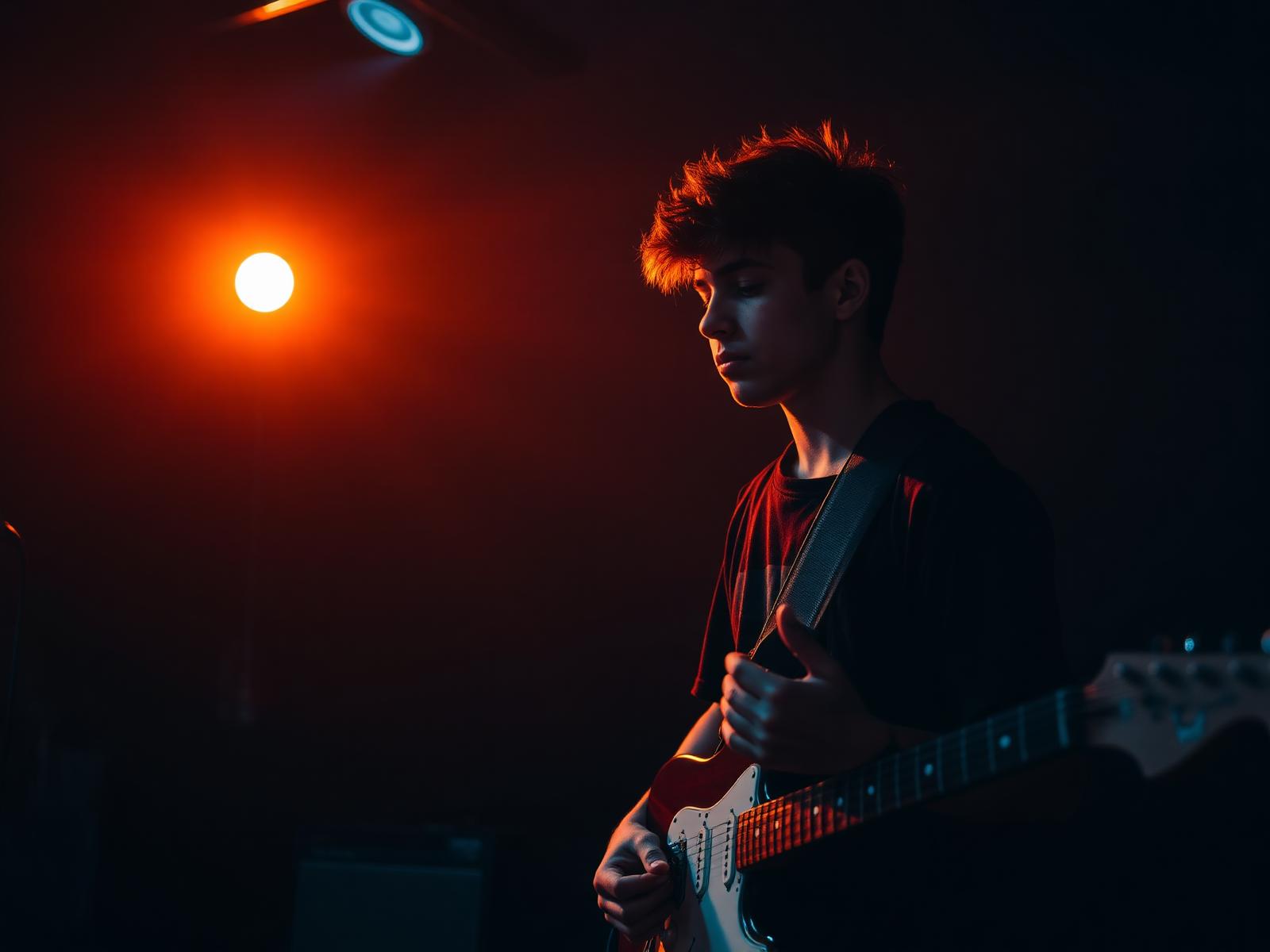 Student playing electric guitar under stage lights